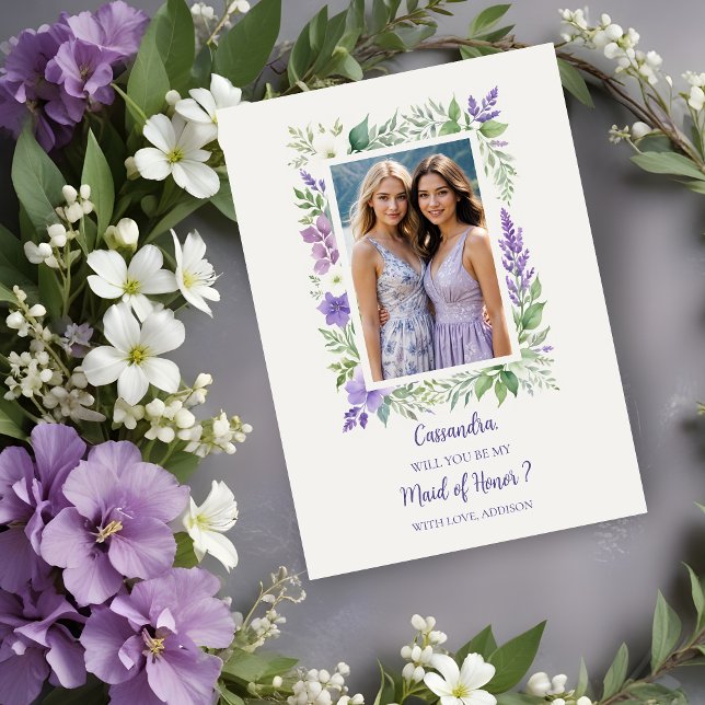 Carte Proposition de photo de la femme de ménage de cadr (Cherish Cute Floral Frame Bridesmaid Photo Proposal Card in Lavender Shades. )