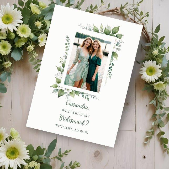 Carte Proposition de photo de la femme de ménage verte d (Cherish Cute Green Foliage Frame Bridesmaid Photo Proposal Card.)