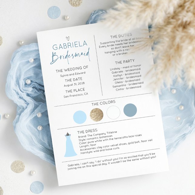 Carte Proposition et information de la domestique Dusty  (Dusty Blue Bridesmaid Proposal and Information Card with Wedding Colors Date and Duties)