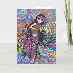 Carte Psychédélique Hippie Mermaid Girl Jouant de la gui