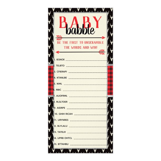 Carte Publicitaire Bébé Mot Scramble, Baby shower, Buffalo Plaid (Devant)