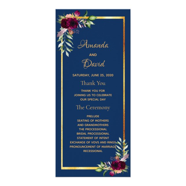 Carte Publicitaire bleu marine mariage florales bordeaux (Devant)