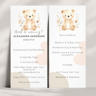 Carte Publicitaire Boho Watercolor Bear Babysitter Service