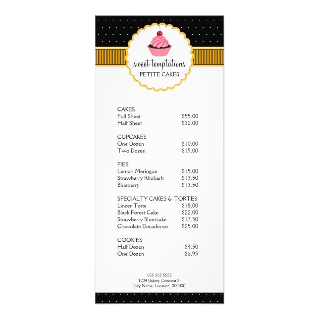 Carte Publicitaire Boulangerie Whimsical Cupcake Yellow Tarifs (Devant)