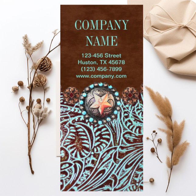Carte Publicitaire brun turquoise western pays à outils cuir (turquoise brown western country tooled leather rack card)
