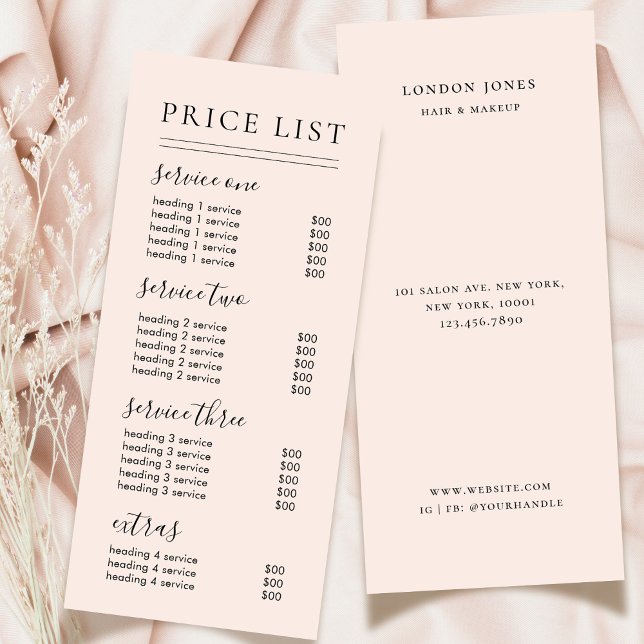 Carte Publicitaire Chic Typography Services Blush Price List (Créateur téléchargé)