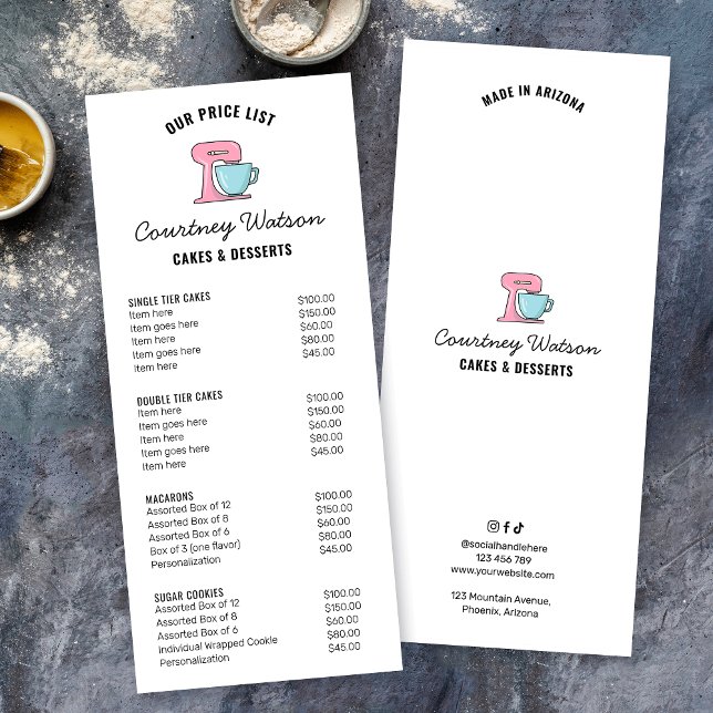 Carte Publicitaire Desserts de gâteaux simples à la mode Boulangerie  (Trendy simple baker food menu price list in white and pink with modern handwritten fonts)