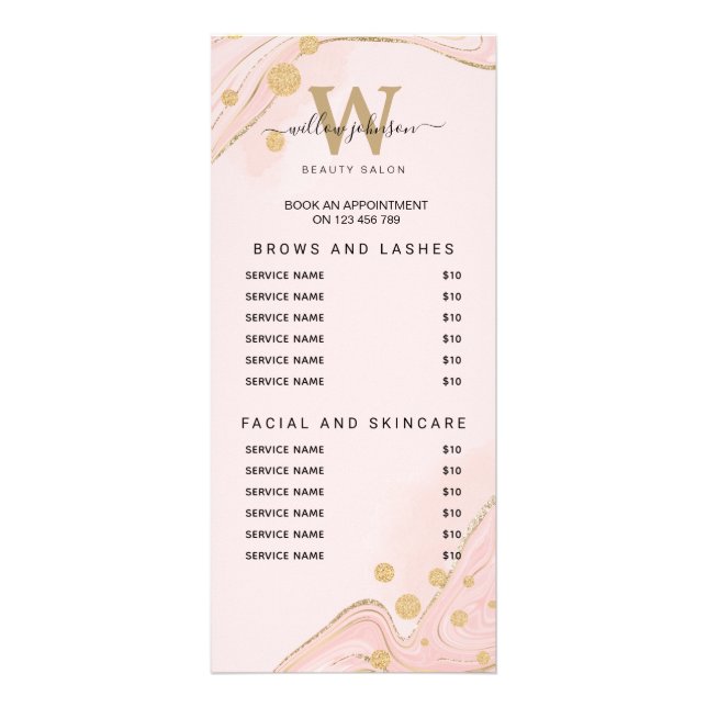 Carte Publicitaire Elégant Pink Gold Marble Agate Services Tarifs (Devant)