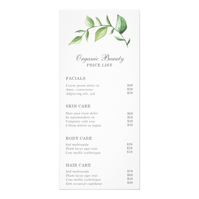 Carte Publicitaire Elégant Rustic Green Beauty Salon Tarifs (Devant)