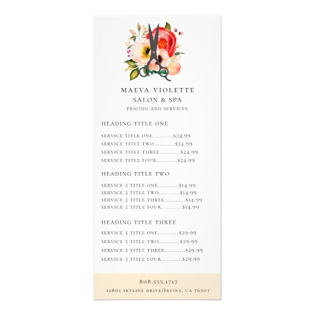 Carte Publicitaire Elégant Salon Floral Ciseaux Service / Prix (Devant)