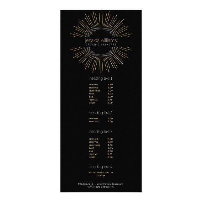 Carte Publicitaire Elégante Beauté Gold Sunburst sur Noir (Devant)