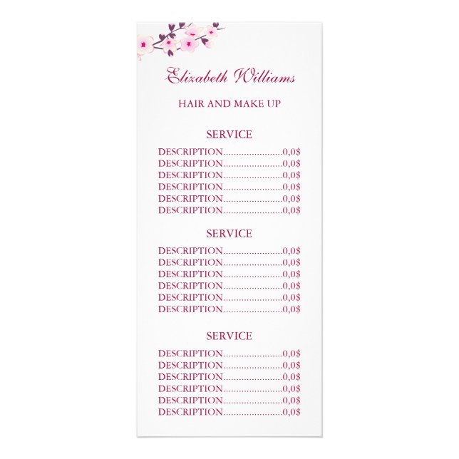 Carte Publicitaire Fleur Cerisier Fleur Rose Blanc Prix du service (Devant)