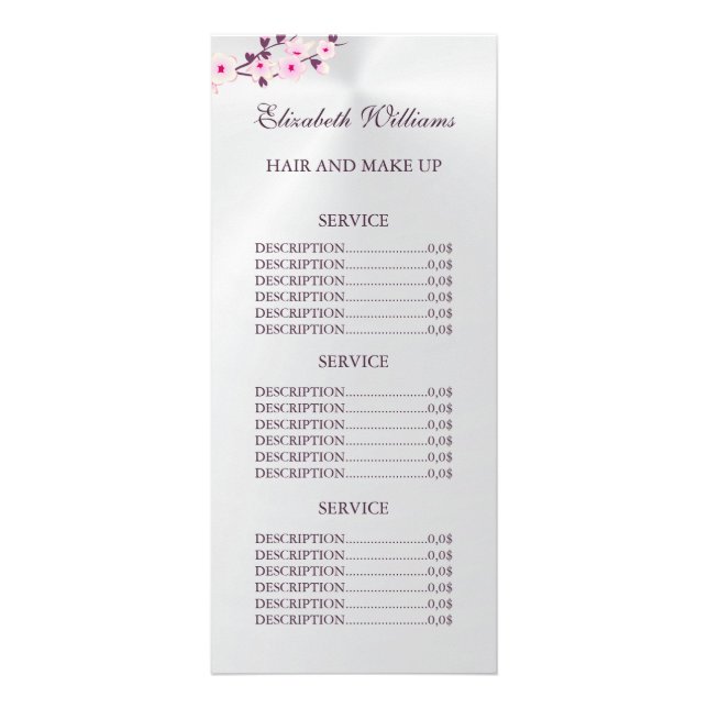 Carte Publicitaire Floral Cerisier Fleur Rose Argent Prix de service (Devant)