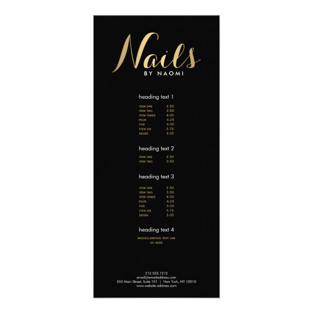 Carte Publicitaire Glam Nails Script Texte Gold/Black Rack Card (Devant)