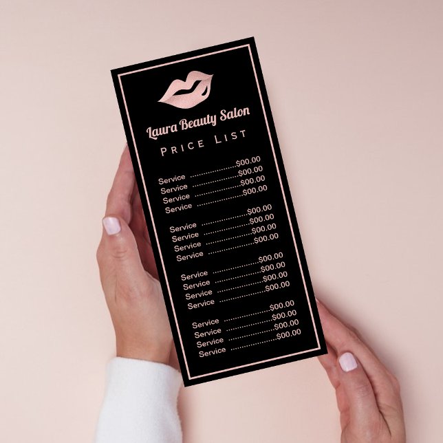 Carte Publicitaire Glam Rose Gold Lips & Black Price List Services (Créateur téléchargé)