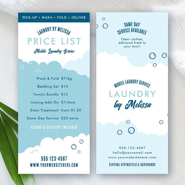 Carte Publicitaire Laundry Service Dry Cleaner Price List Blue White (Trendy blue and white laundry service pricing menu with fully editable text and colors)