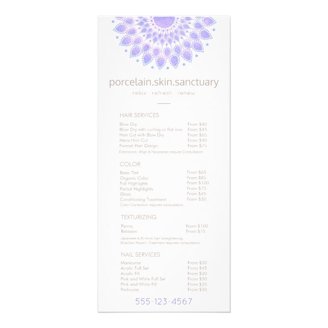 Carte Publicitaire Lavender Lotus Spa naturel Salon Liste des prix Me (Devant)