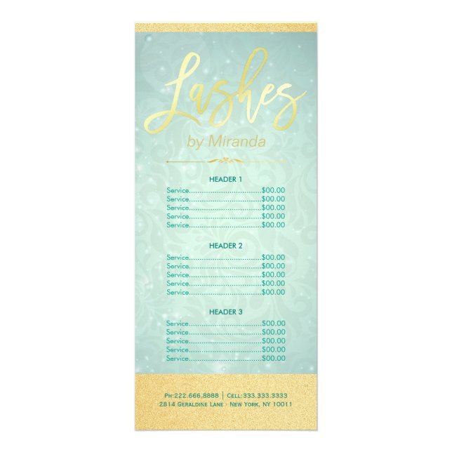 Carte Publicitaire Maquillage Artiste Gold Script Green Tarifs (Devant)