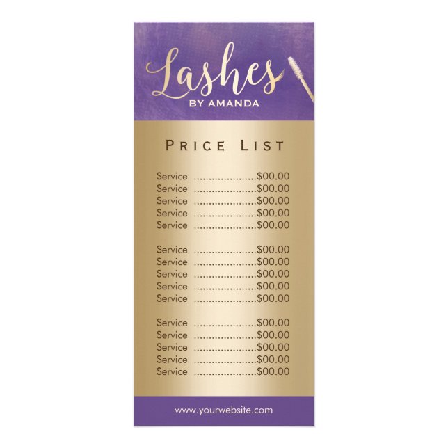 Carte Publicitaire Maquillage Artiste Gold Script Purple Tarifs (Devant)