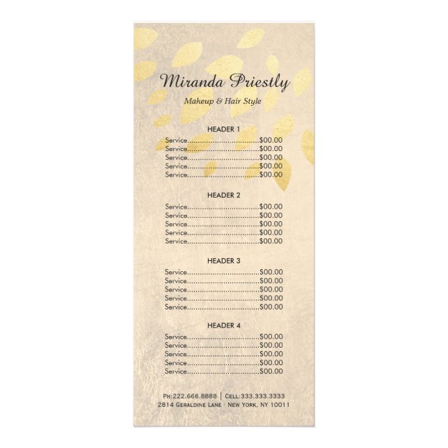 Carte Publicitaire Maquillage Salon de beauté Elegant Gold Feuilles T (Devant)