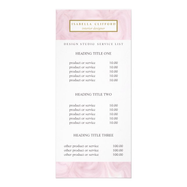 Carte Publicitaire Marbre d'or rose féminin | Prix et service (Devant)