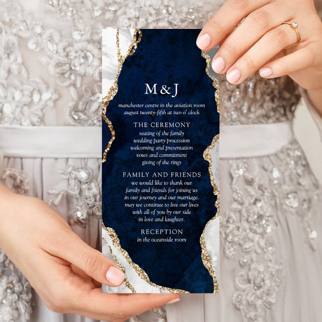 Carte Publicitaire Marine Marble, White & Gold Agate Wedding Programm (Créateur téléchargé)