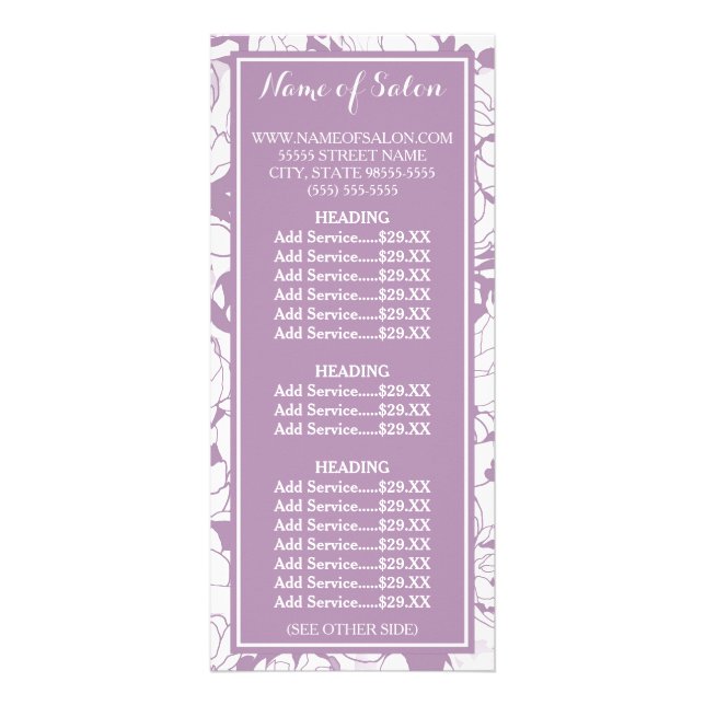 Carte Publicitaire Moderne Floral Girly Salon de beauté Prix (Devant)