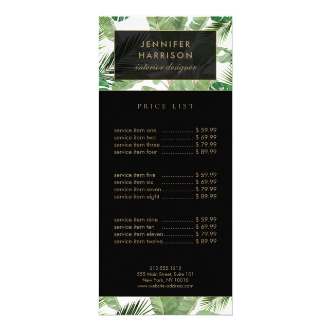 Carte Publicitaire Motif de feuilles tropicales à l'aquarelle noir et (Devant)