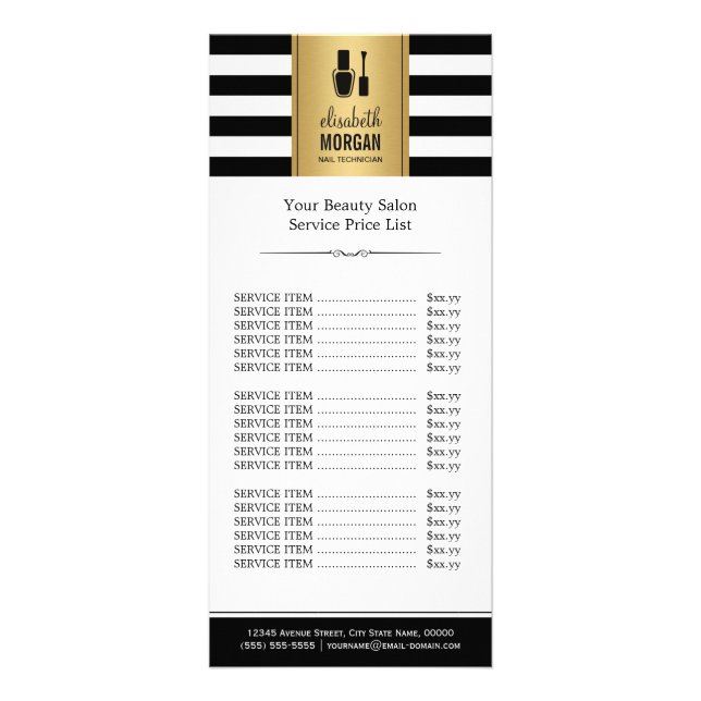 Carte Publicitaire NAIL SALON Gold Black White Stripes Tarification (Devant)