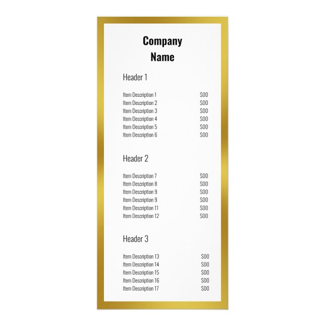 Carte Publicitaire Nom de l'entreprise White et Faux Gold Tarifs (Devant)