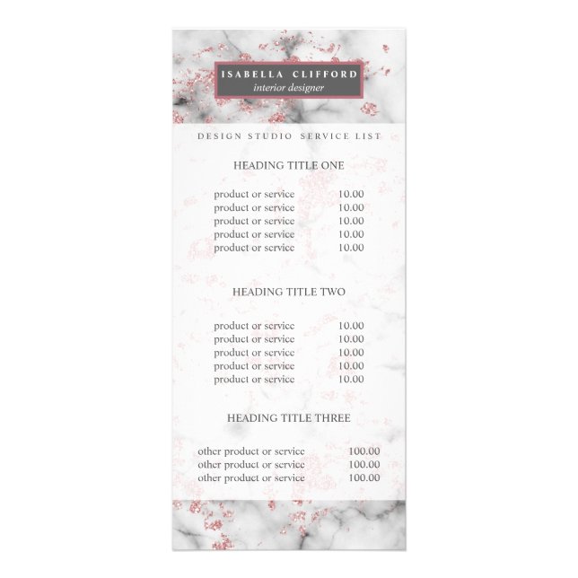 Carte Publicitaire Or rose pétillant féminin | Prix et service (Devant)