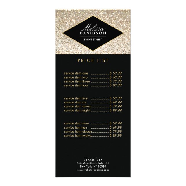 Carte Publicitaire Parties scintillant d'or Champagne et Glamour (Devant)
