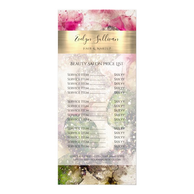 Carte Publicitaire Parties scintillant rose vert aquarelle Prix (Devant)