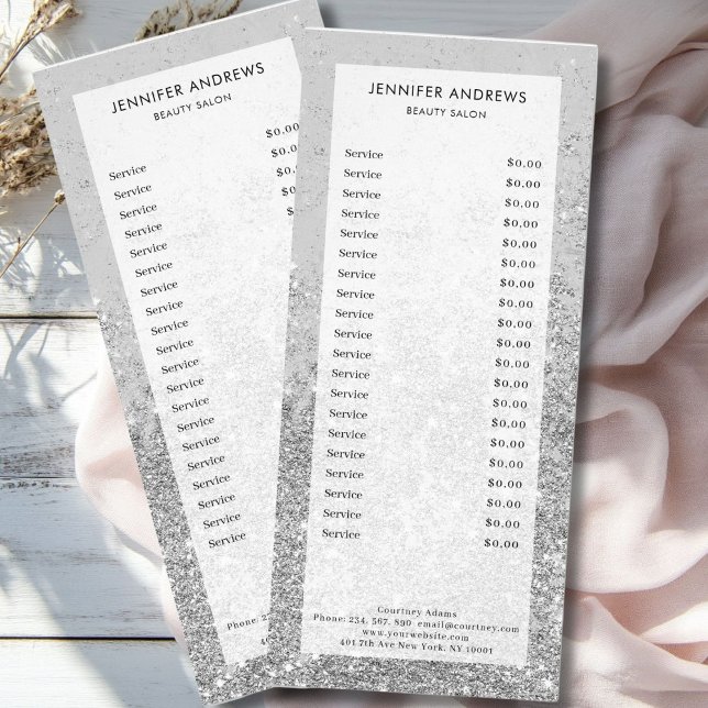 Carte Publicitaire Prix du Salon de Parties scintillant moderne en ar (Modern Silver Glitter Salon Price List Rack Card)
