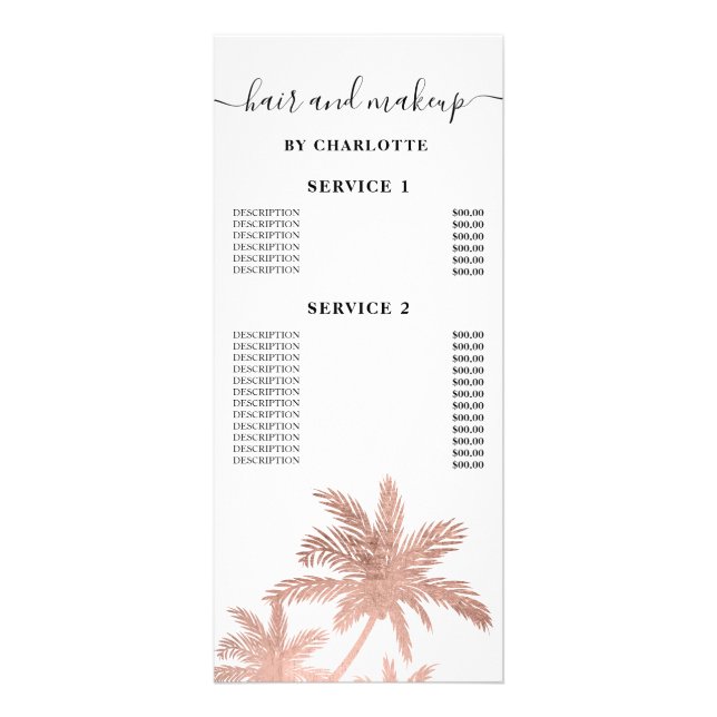 Carte Publicitaire Prix Rose de maquillage des cheveux de palmier d'o (Devant)