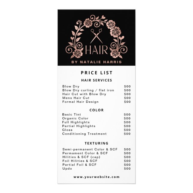 Carte Publicitaire Prix Rose élégant or & cheveux noirs (Devant)