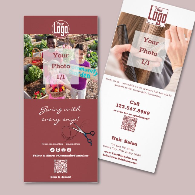 Carte Publicitaire Promotion Salon des cheveux Campagne de financemen (Promotion Hair Salon Community Fundraising Rack Card)