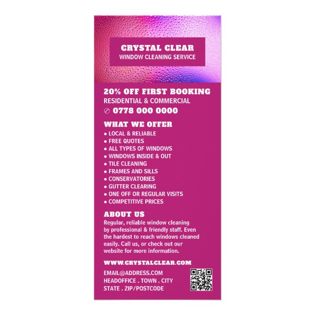 Carte Publicitaire Raindrops, Service de nettoyage de fenêtres Tarifs (Devant)