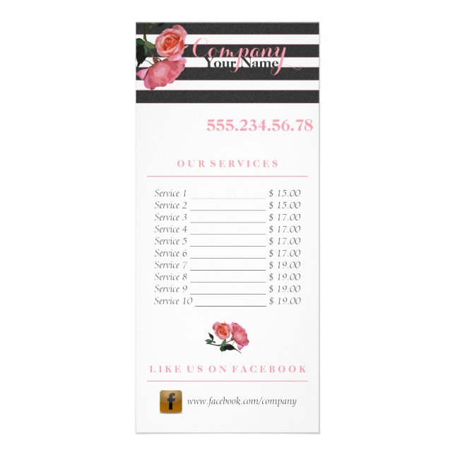 Carte Publicitaire Rose Floral noir & blanc - RackCard Flyer (Devant)