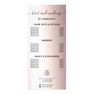 Carte Publicitaire Rose métallique or calligraphie prix de maquillage