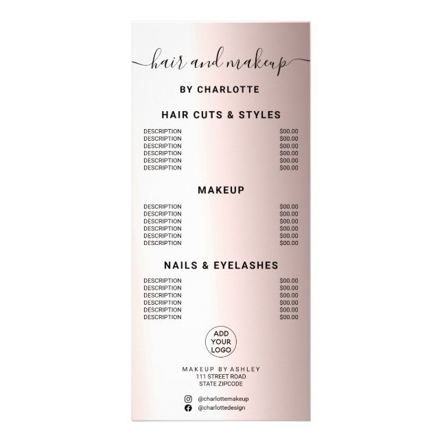 Carte Publicitaire Rose métallique or calligraphie prix de maquillage (Devant)