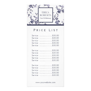 Carte Publicitaire Salon de Beauté vintage Bleu Blanc Floral Tarifs