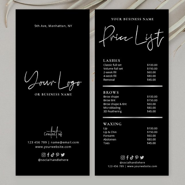 Carte Publicitaire Salon de cheveux clous Spa Noir & argent glam prix (Créateur téléchargé)