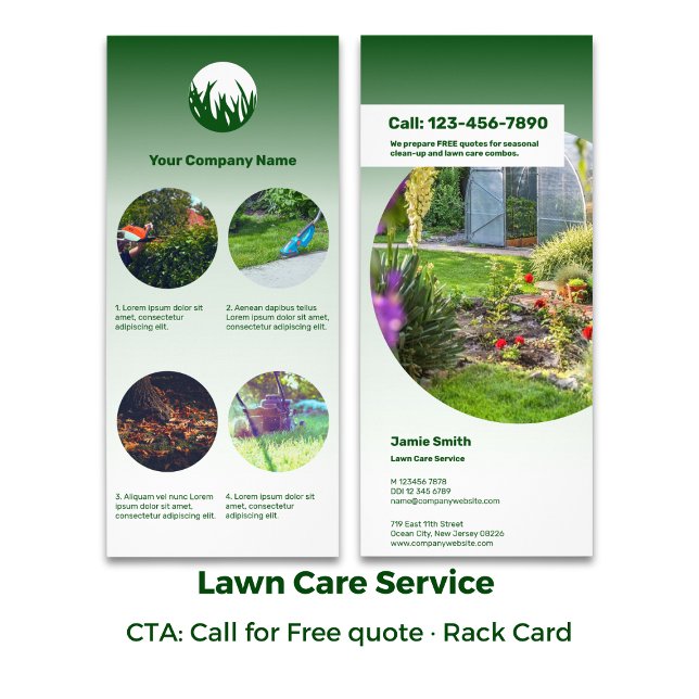 Carte Publicitaire Service d'entretien de la pelouse CTA : Appel - Ve (Lawn Care Maintenance Service CTA: Call - Green Rack Card)