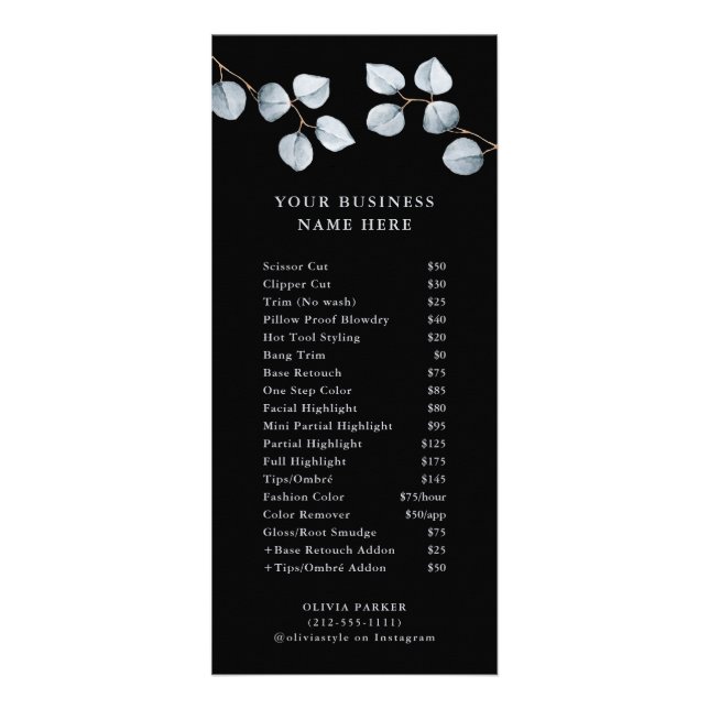 Carte Publicitaire Simplicité de l'eucalyptus | Service de tarif noir (Devant)