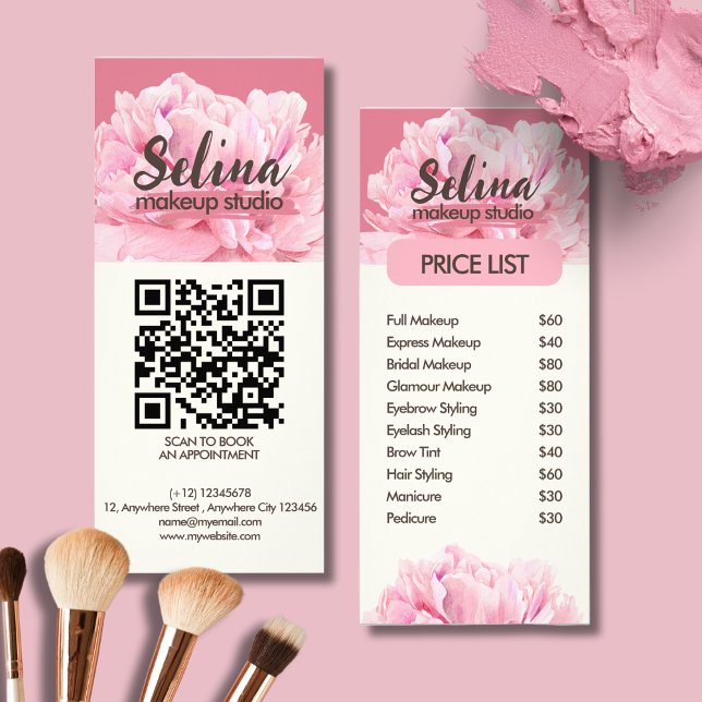 Carte Publicitaire Studio De Maquillage Floral Rose Pink Crème Élégan (Créateur téléchargé)