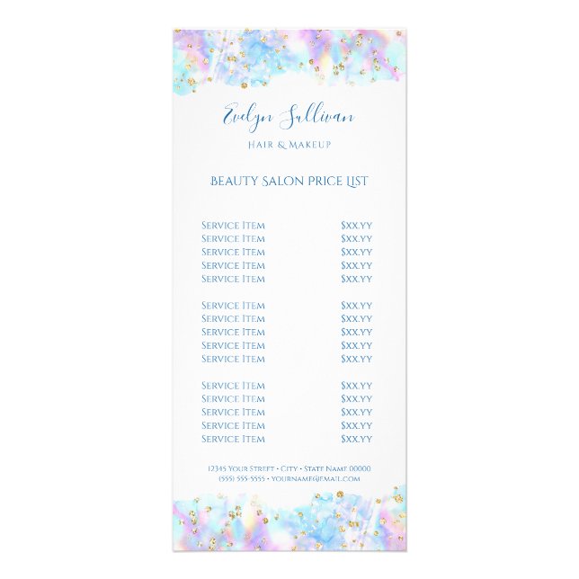 Carte Publicitaire tarif parties scintillant pastel bleu pastel (Devant)