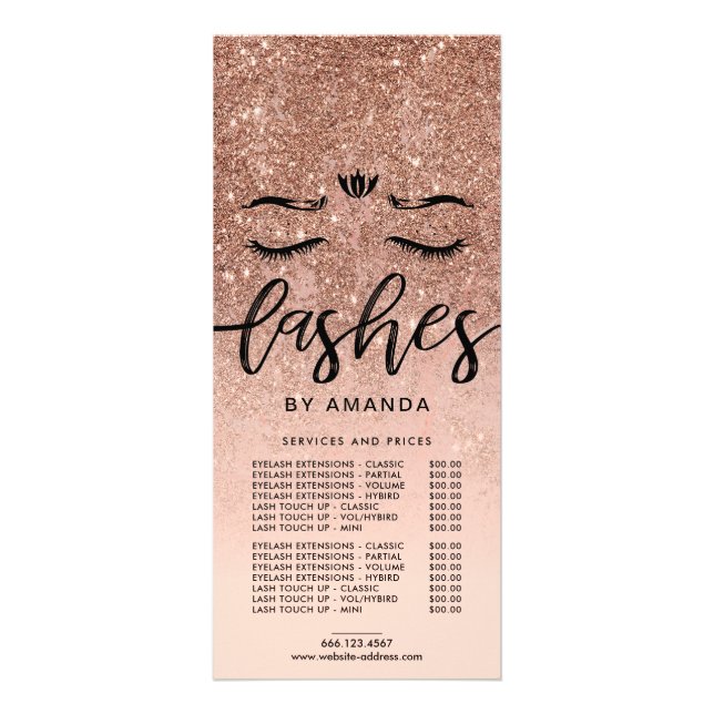 Carte Publicitaire Tarif Rose Gold Parties scintillant Ombre Lashes (Devant)