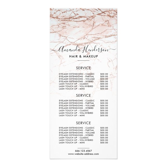 Carte Publicitaire Tarif Rose Gold Salon (Devant)