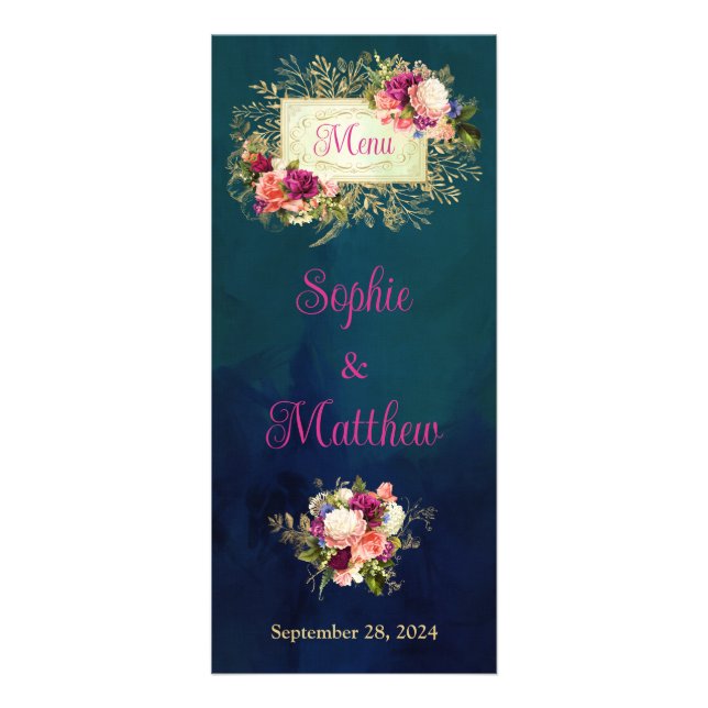 Carte Publicitaire Turquoise, Marine, Vert, Gold Bold Florals Mariage (Devant)